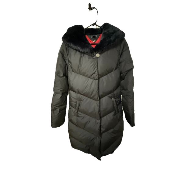 TOMMY HILFIGER Women’s Black Puffer Coat Parka Jacket Fur Trim Down Blend S/P - Picture 1 of 14